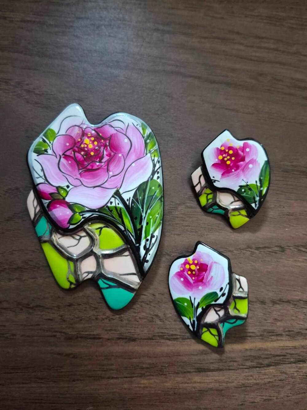 Artisan Handmade Stained Glass Enamel Peony Brooch & Earrings Set - Signed Cstm